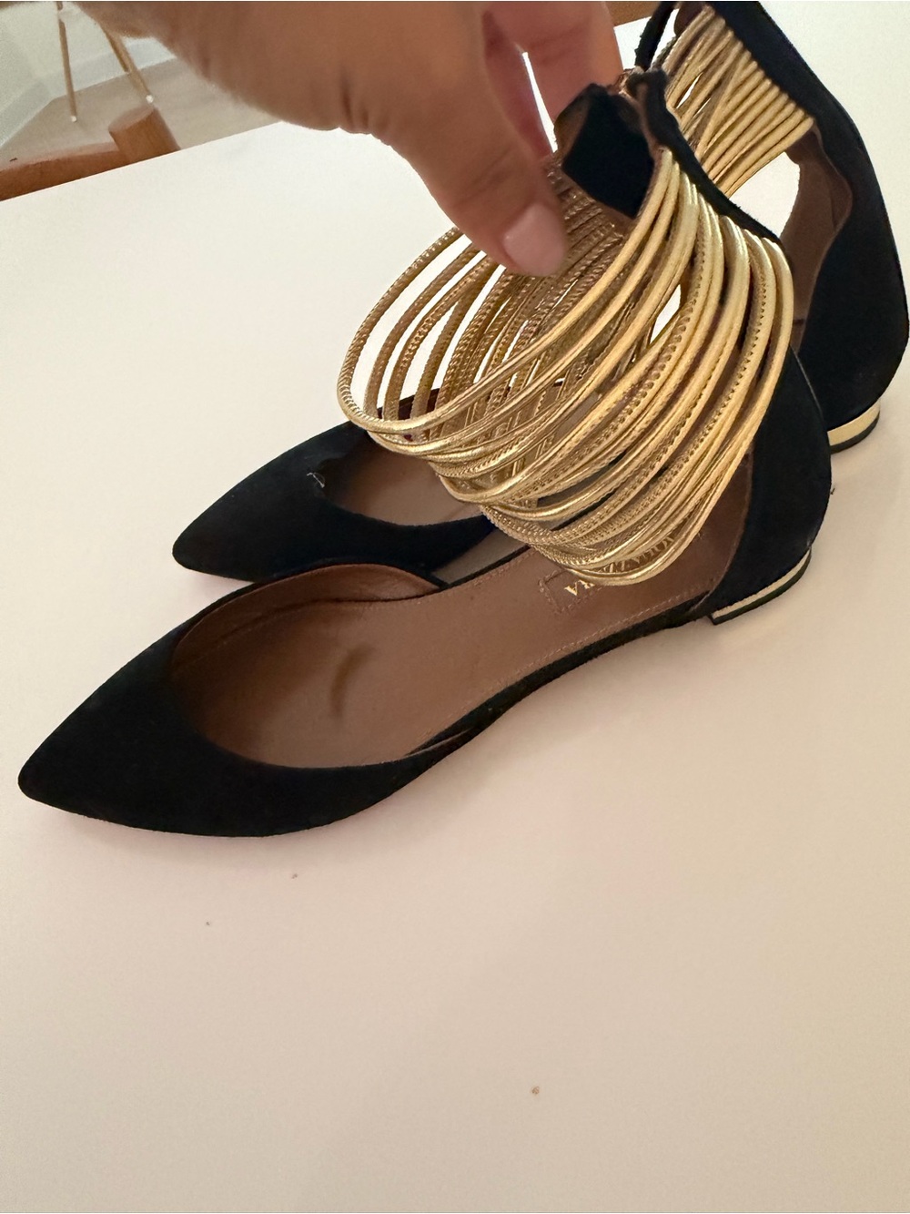 Aquazzura Black Suede Pointed-Toe Flats with Gold Ankle Cuff